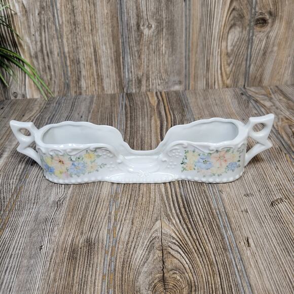 Vintage Spoon Holder, Buffet Silverware Holder, White Double Handle, Floral - Picture 5 of 6